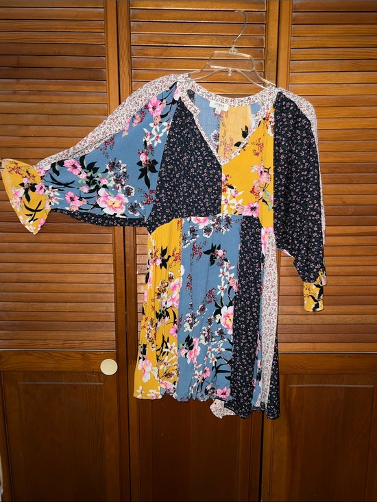 Umgee Dresses & Skirts - Umgee Multi-Panel Floral Patchwork Mini Dress in Mustard, Blue & Black
